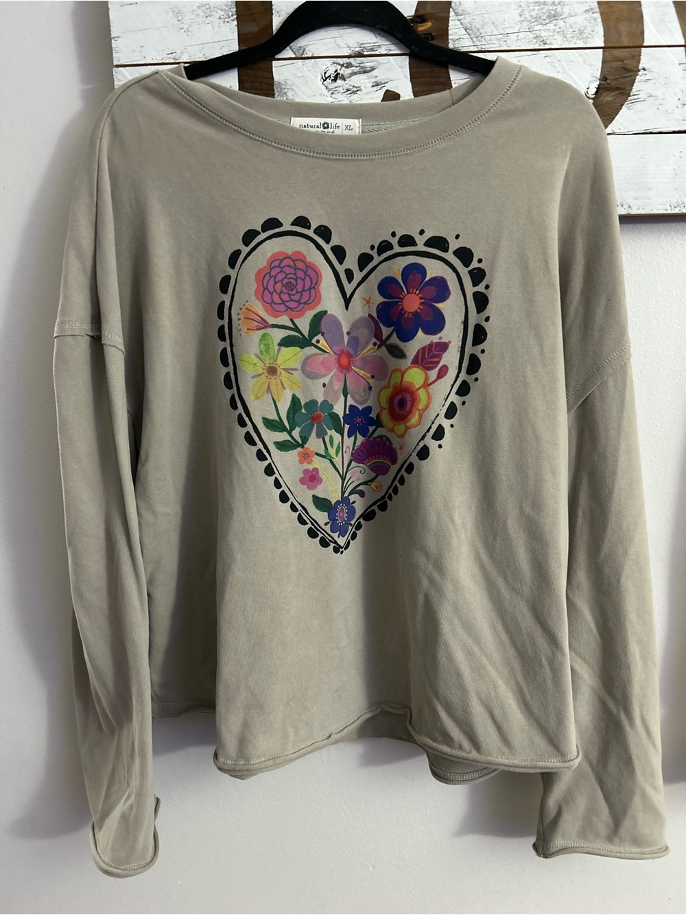 NATURAL LIFE Taupe Floral Heart Pullover Sweatshirt